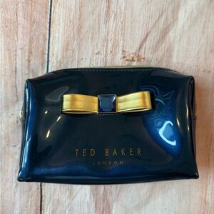 Ted Baker London Blue Cosmetics Make-up Bag Case Gold Bow  Center Gem NWOT